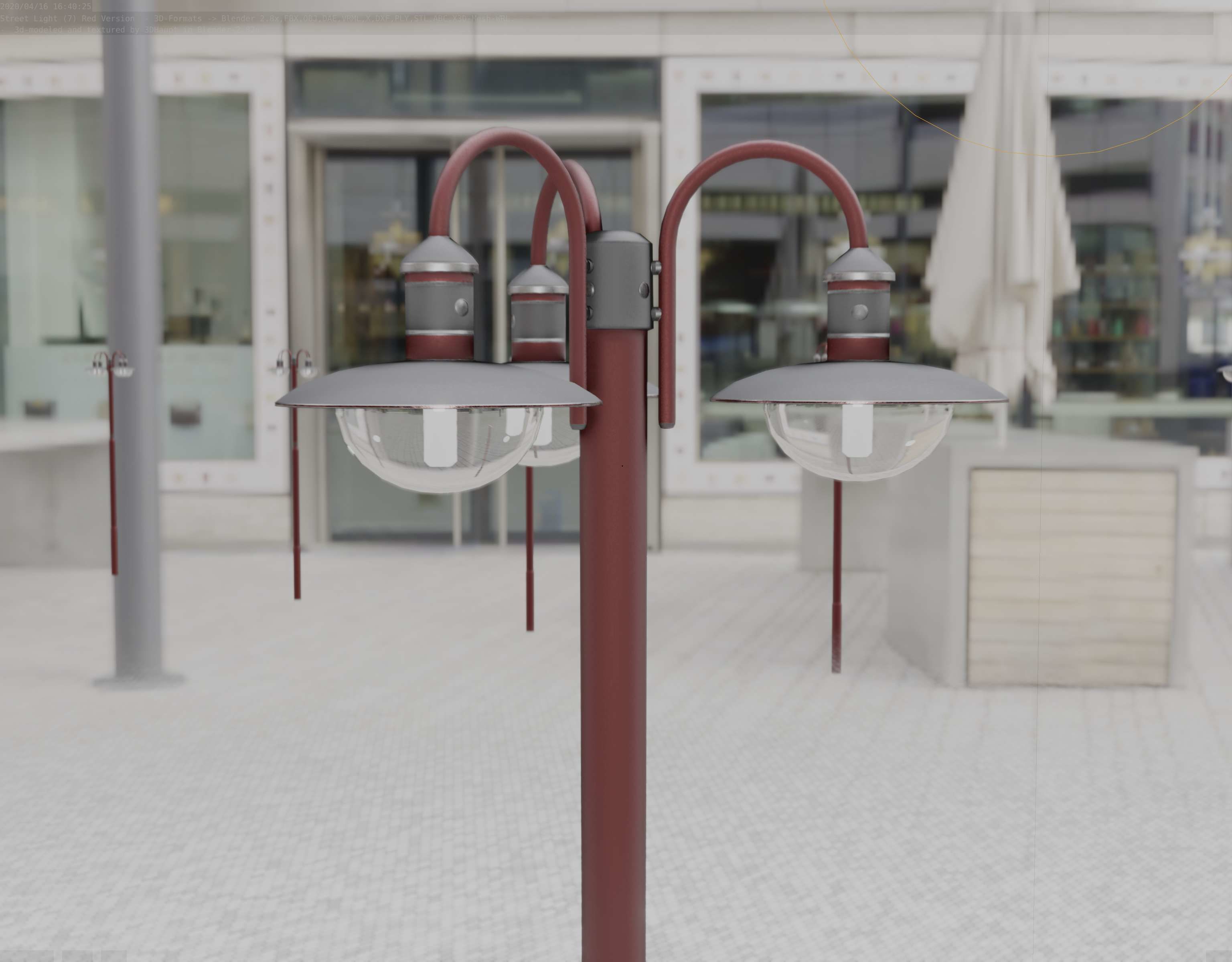 Street Light -7- Red Version -3 Lamps-  Low-poly 3D model_64