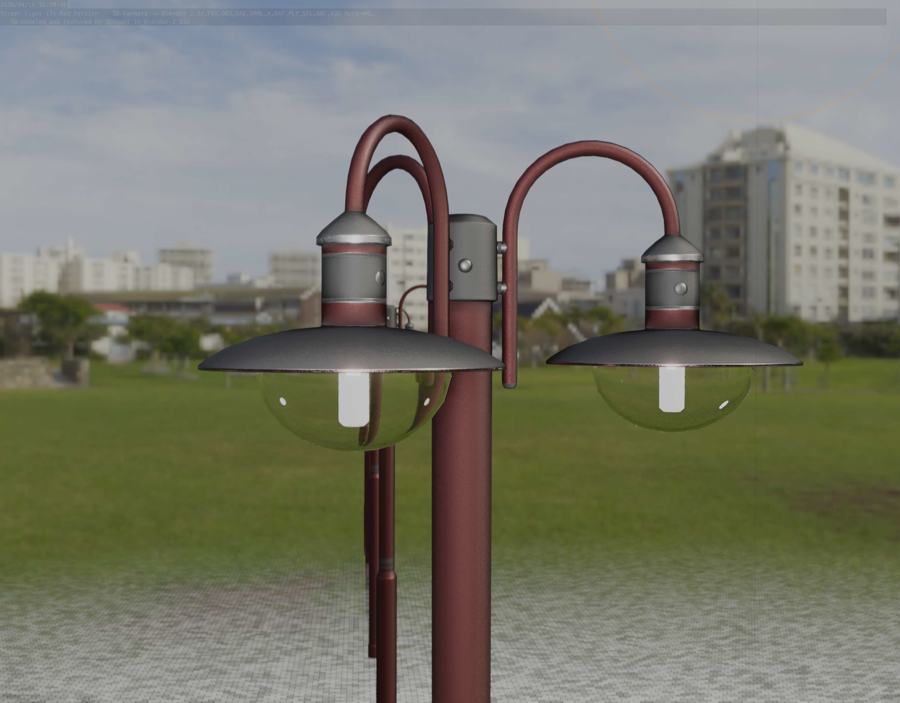 Street Light -7- Red Version -3 Lamps-  Low-poly 3D model_40