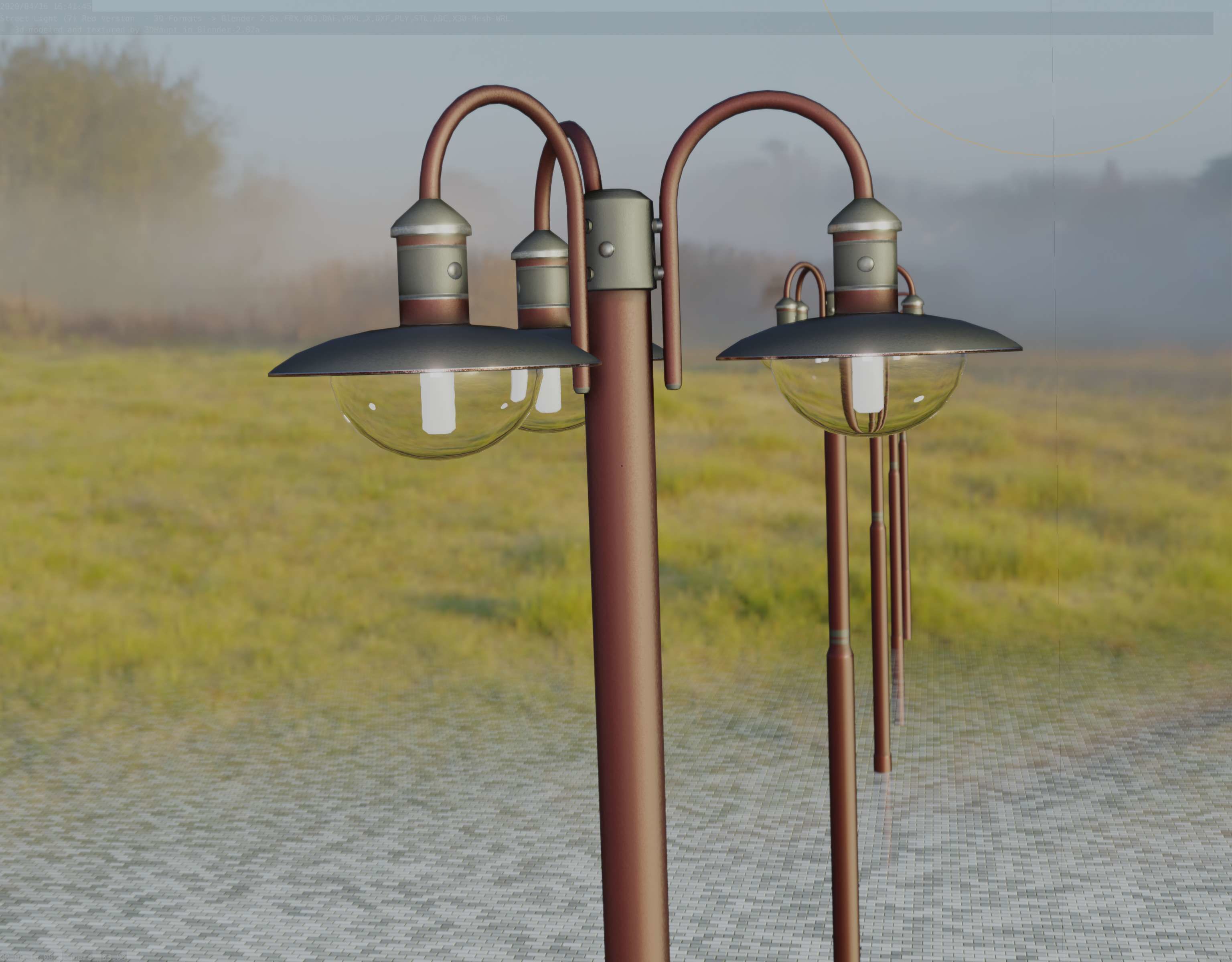 Street Light -7- Red Version -3 Lamps-  Low-poly 3D model_97