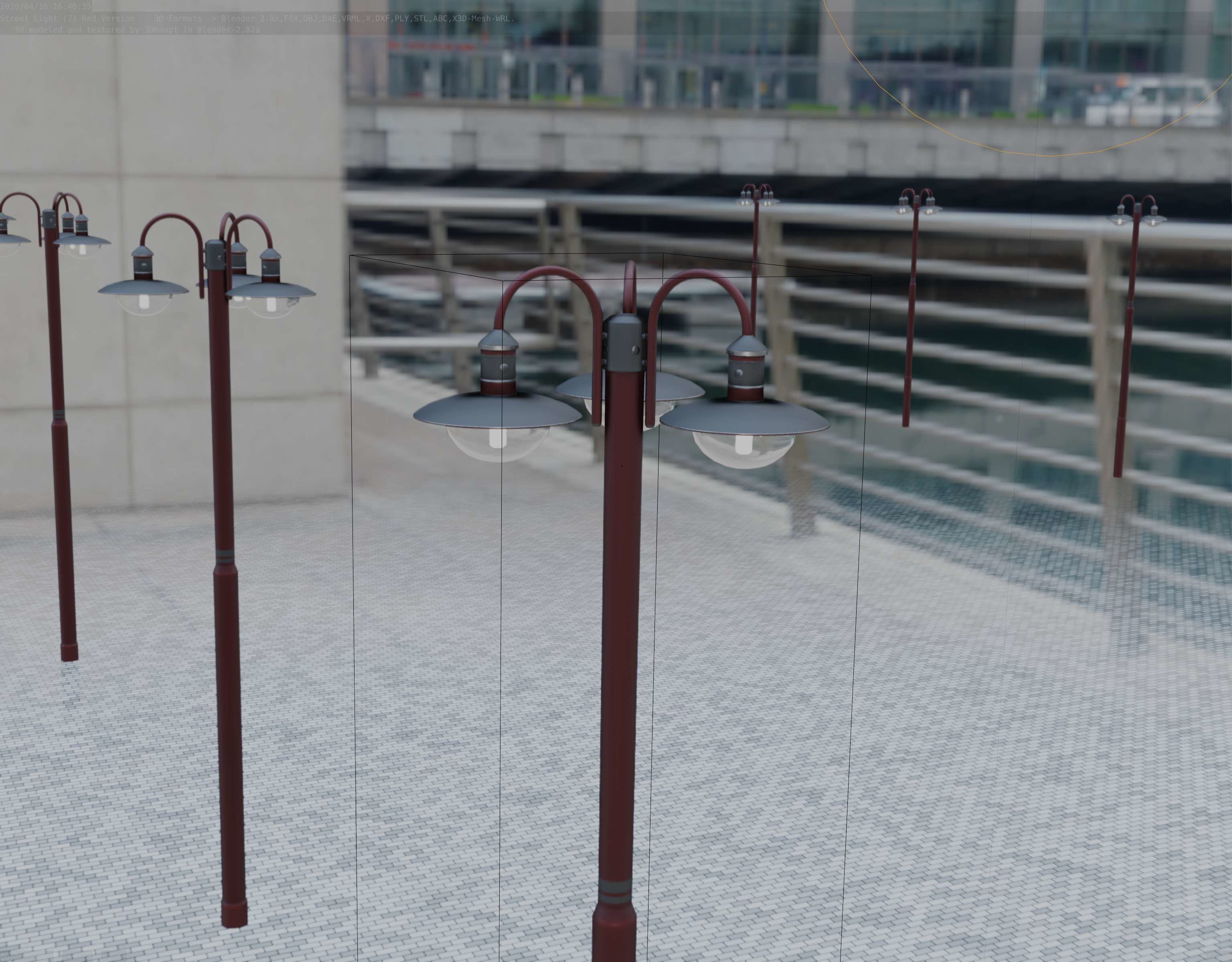 Street Light -7- Red Version -3 Lamps-  Low-poly 3D model_68