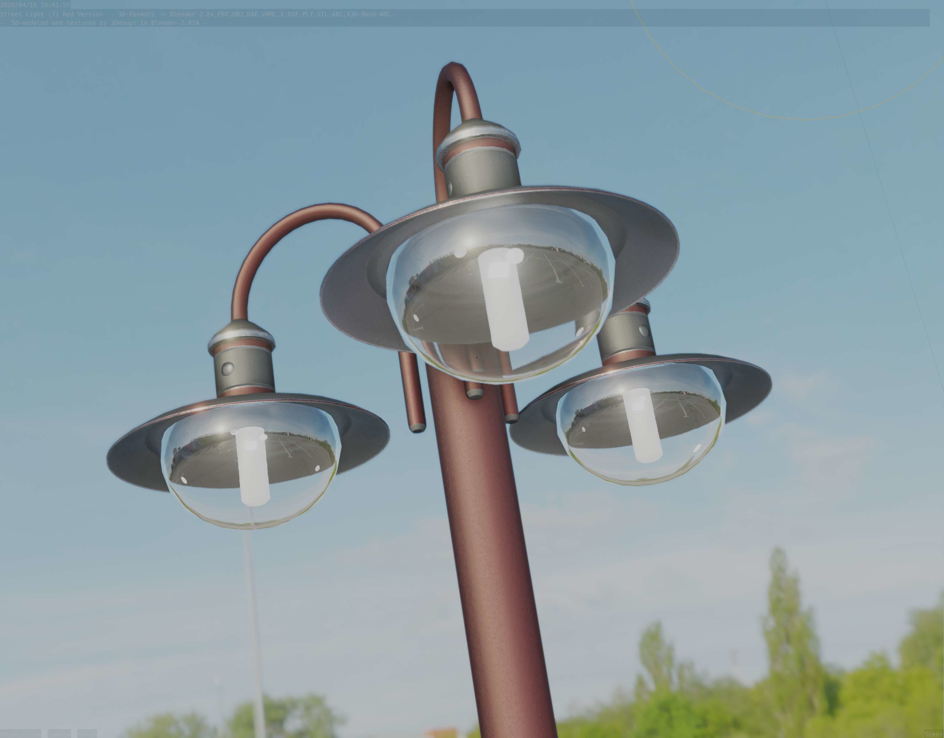 Street Light -7- Red Version -3 Lamps-  Low-poly 3D model_8