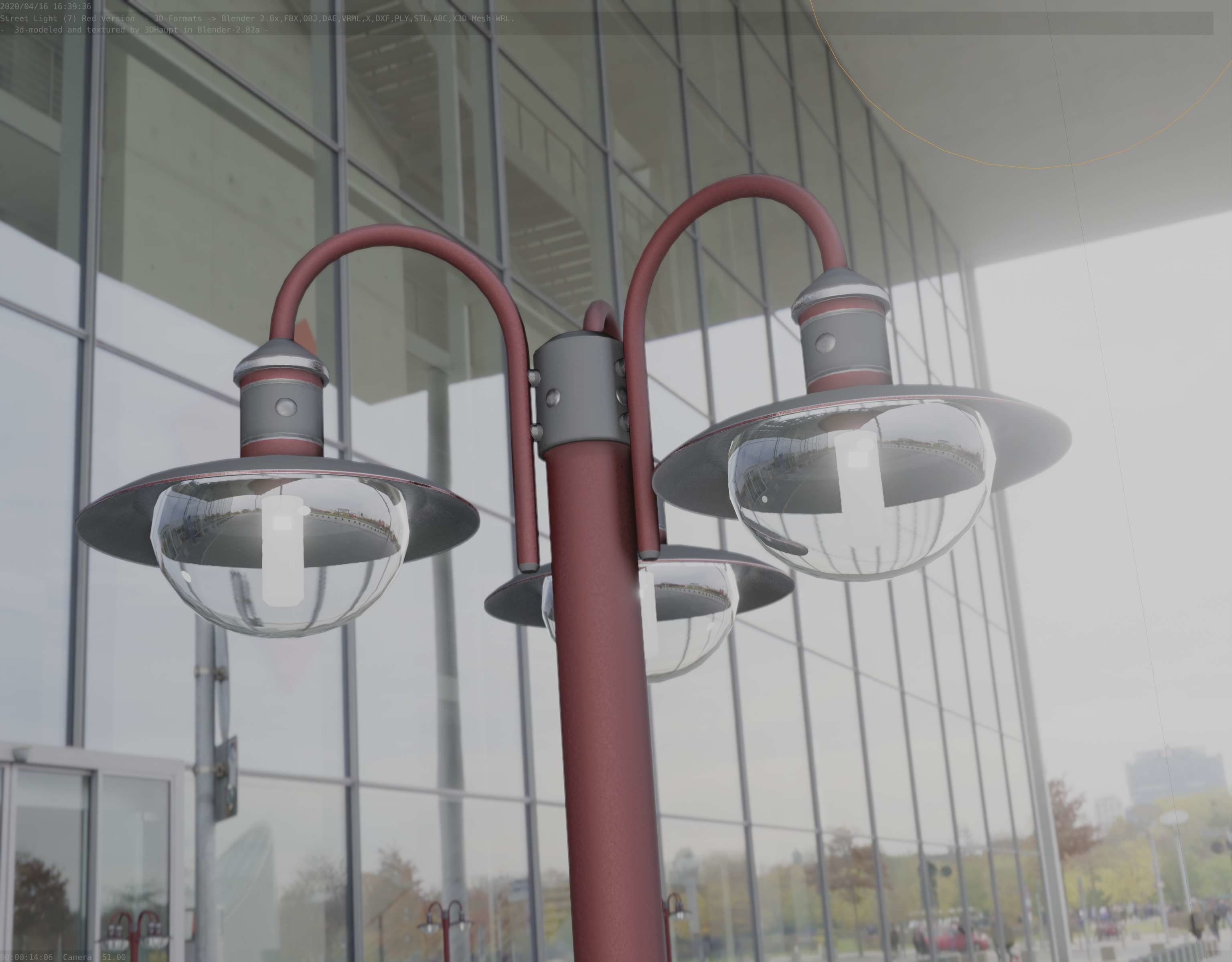 Street Light -7- Red Version -3 Lamps-  Low-poly 3D model_7