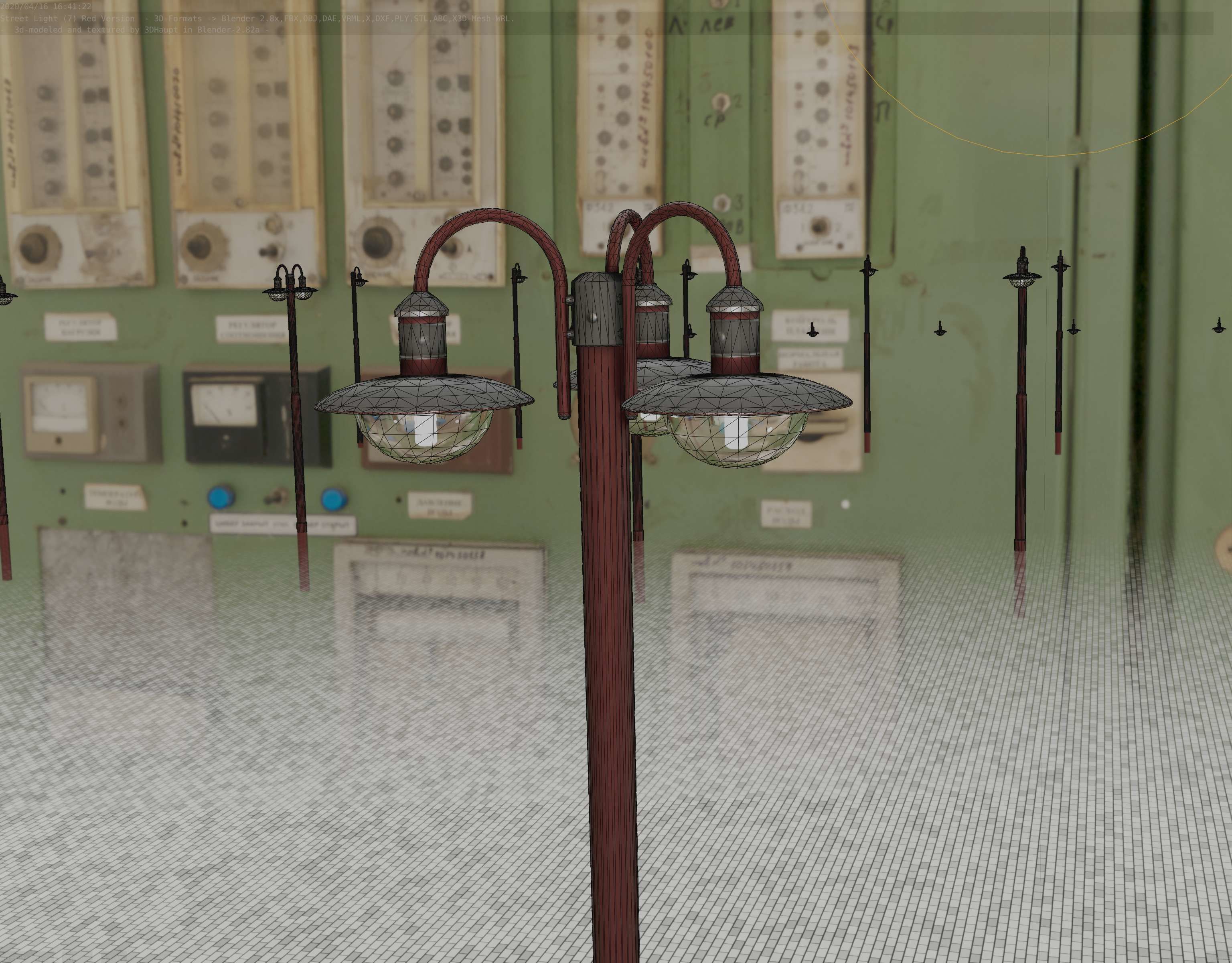 Street Light -7- Red Version -3 Lamps-  Low-poly 3D model_87