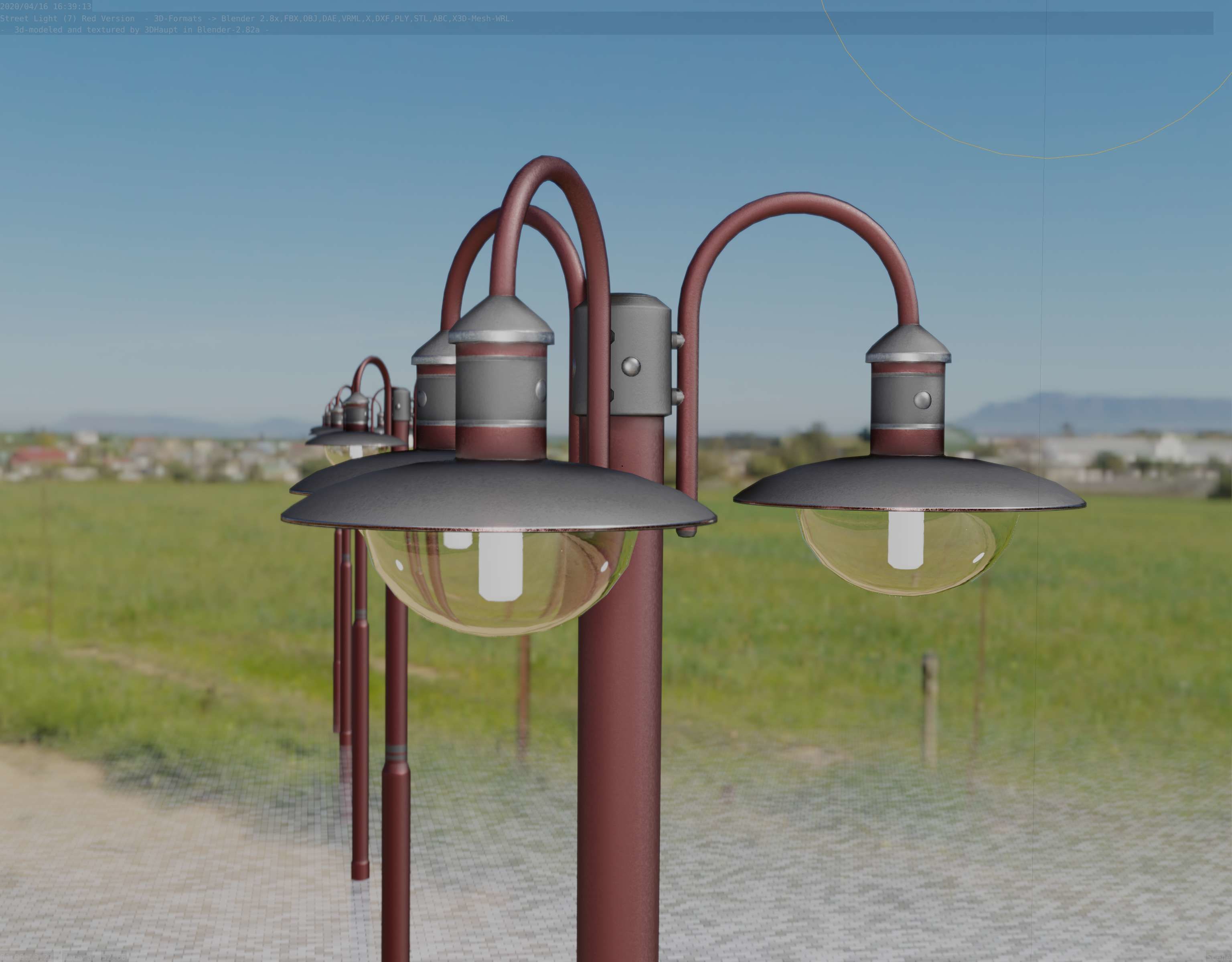 Street Light -7- Red Version -3 Lamps-  Low-poly 3D model_39