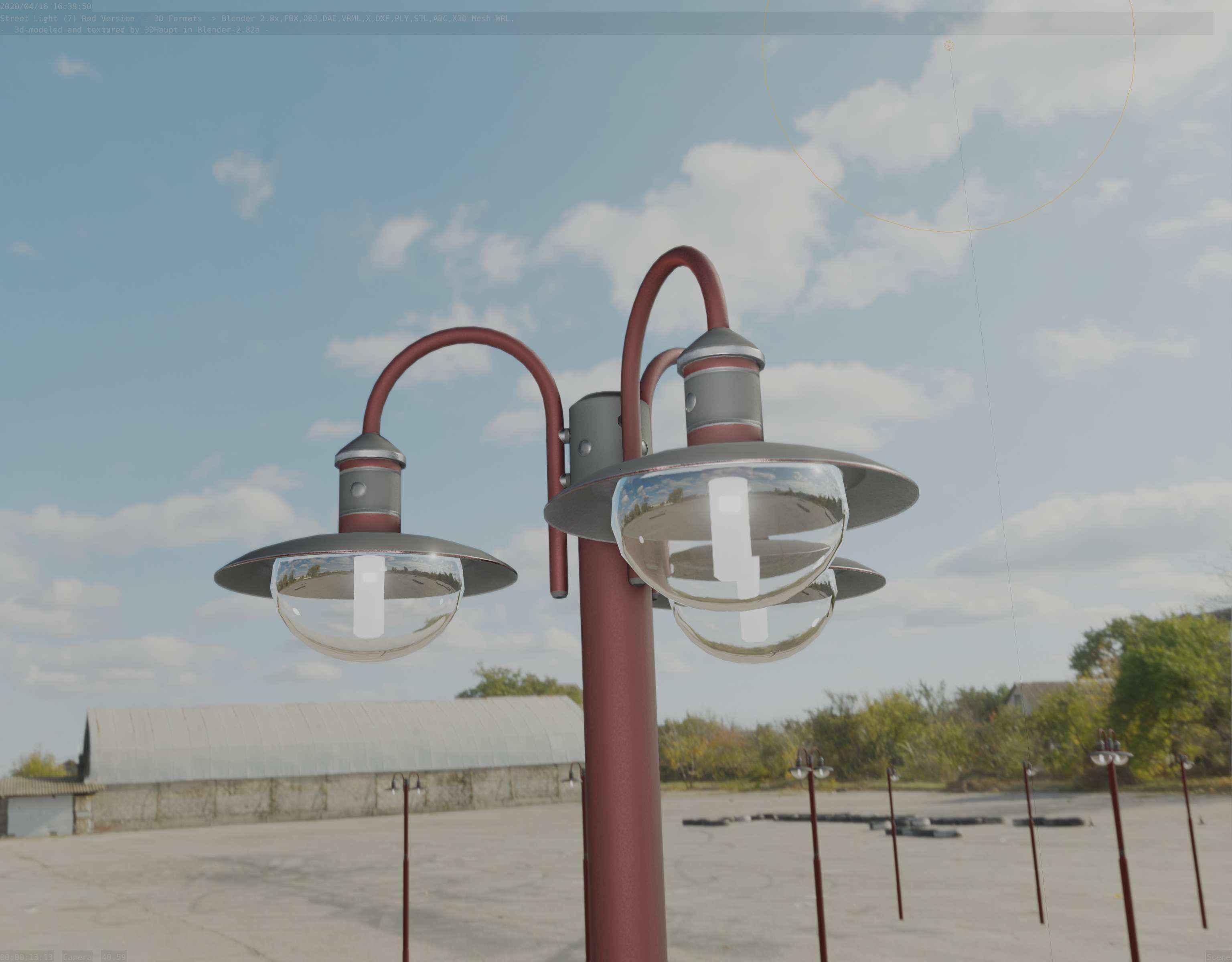Street Light -7- Red Version -3 Lamps-  Low-poly 3D model_32
