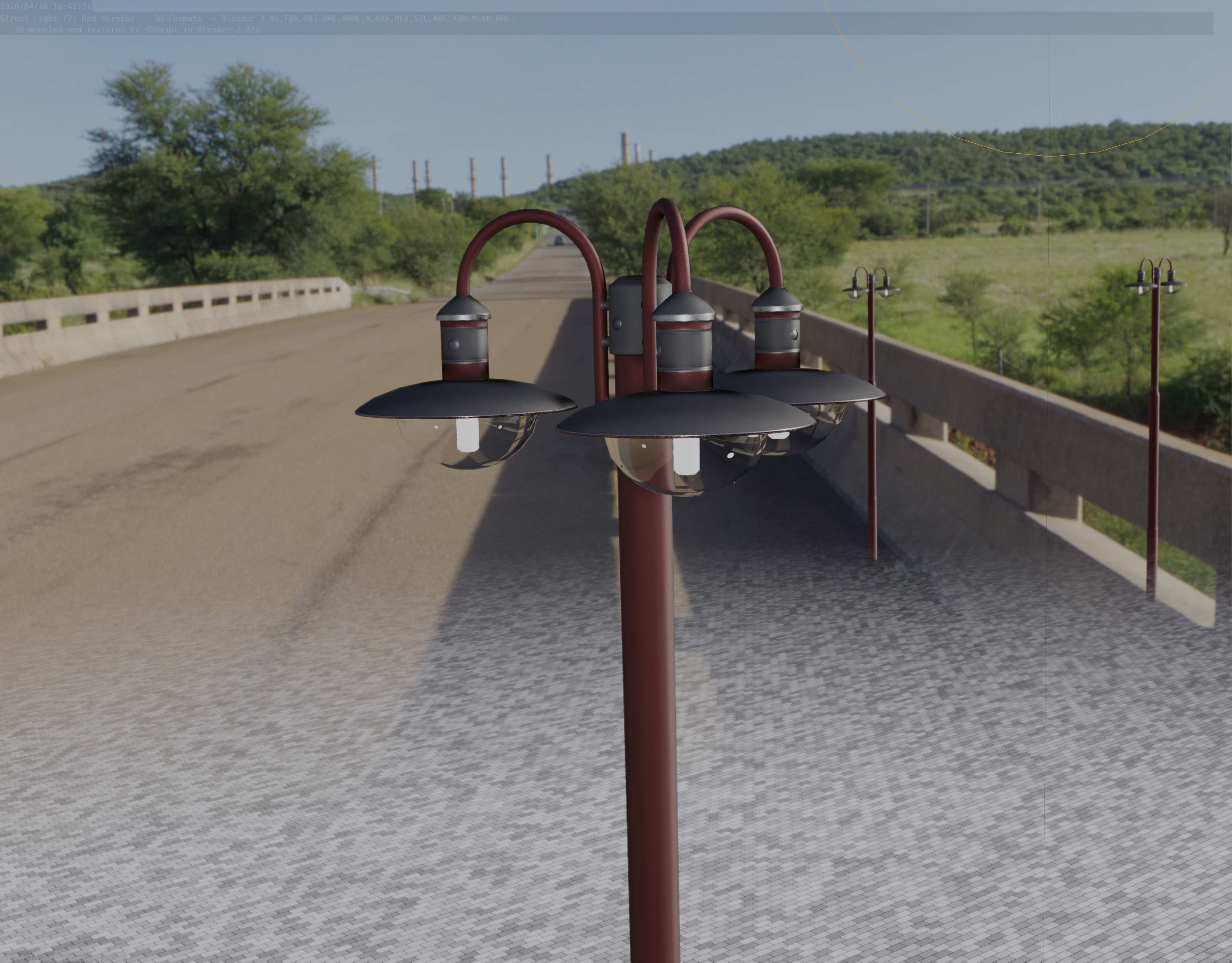 Street Light -7- Red Version -3 Lamps-  Low-poly 3D model_91