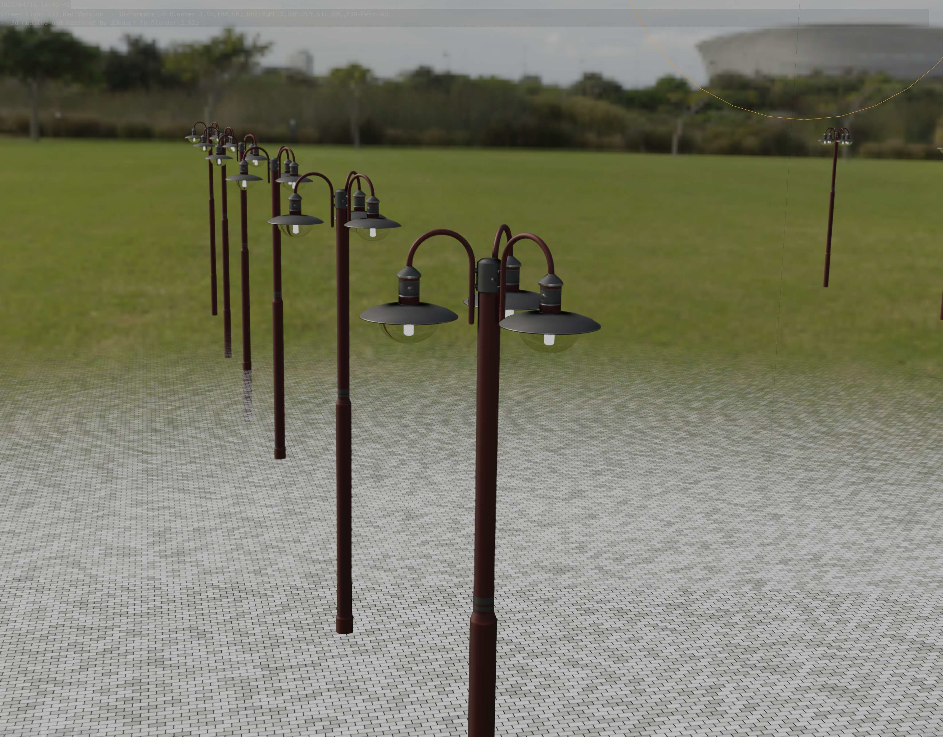 Street Light -7- Red Version -3 Lamps-  Low-poly 3D model_70