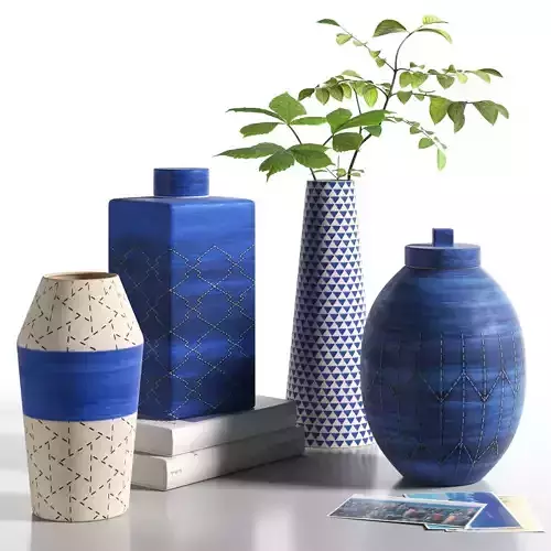 Indigo Ceramic Vases with Leaves
