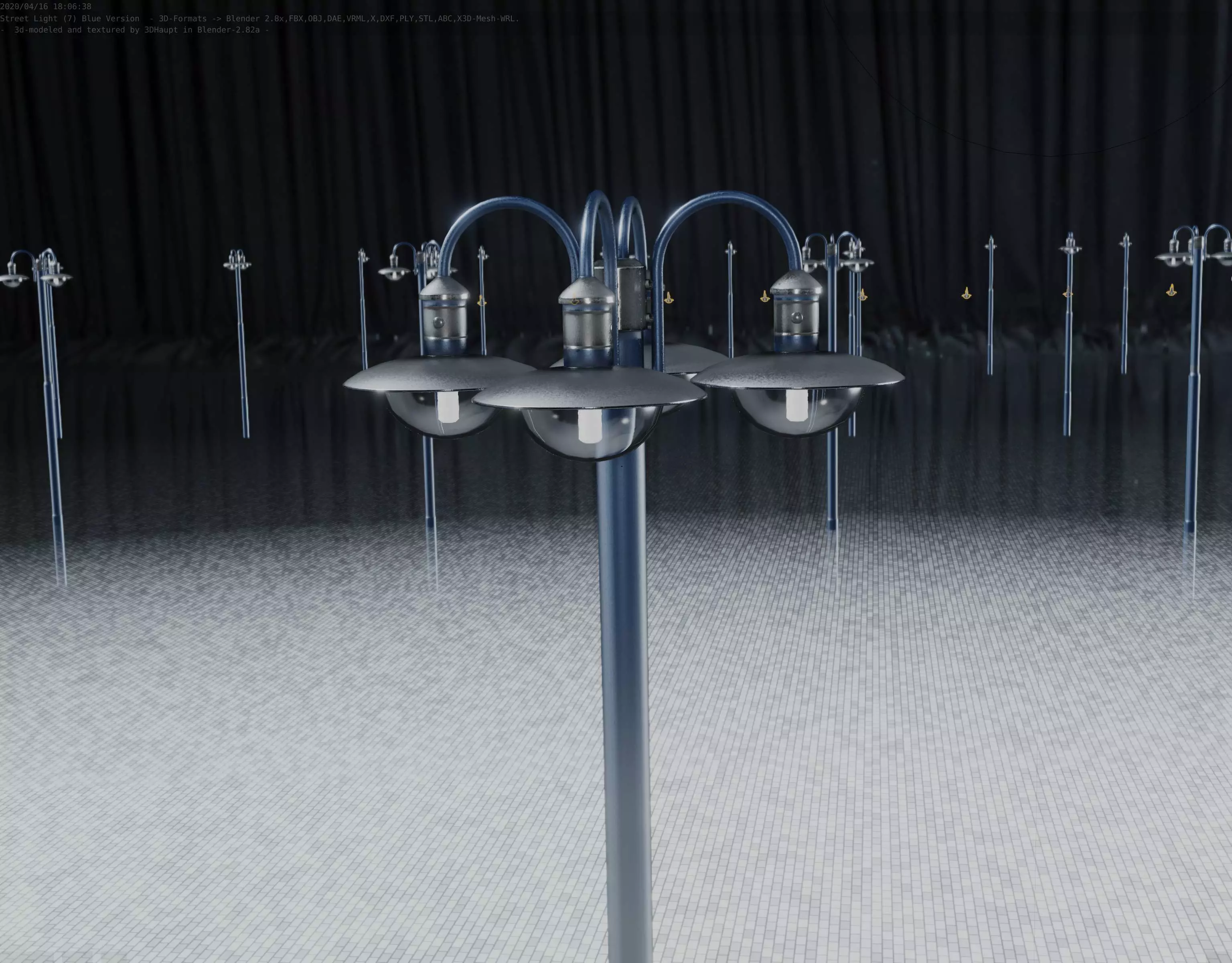 Street Light -7- Blue Version -4 Lamps- Low-poly 3D model