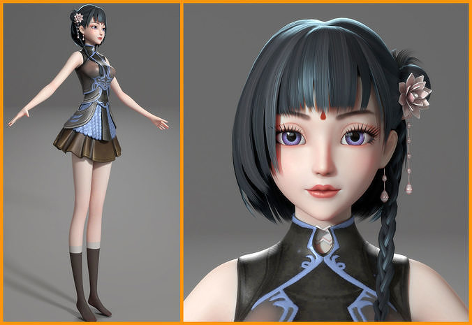 cartoon manga girl asian Japanese anime Loli sister characters  Low-poly 3D model