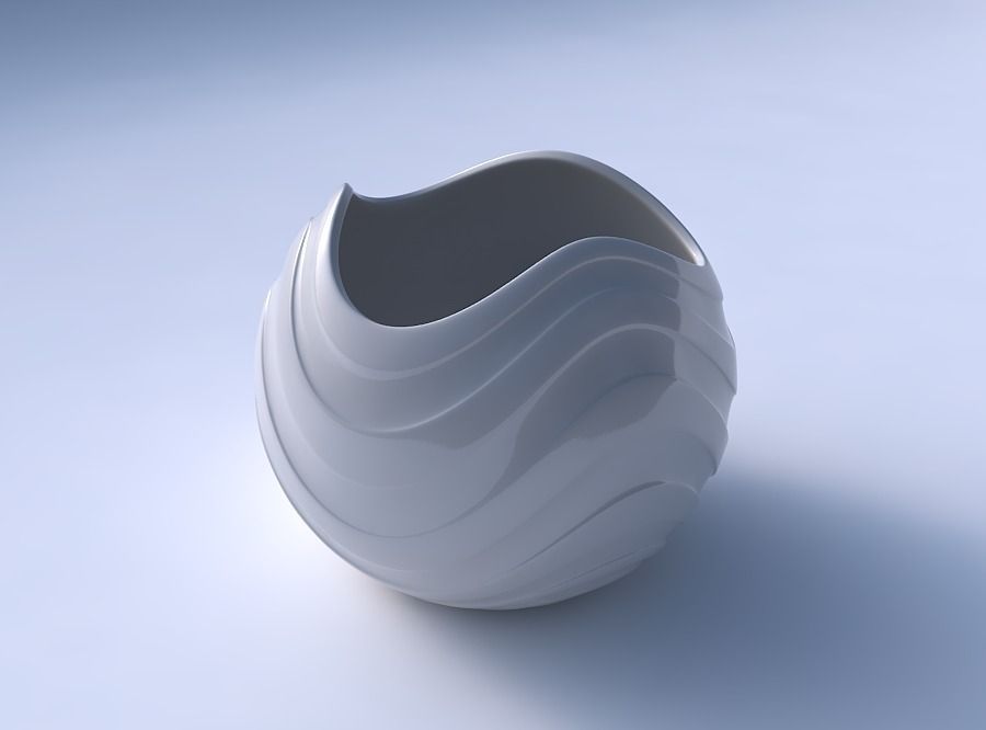 Bowl Spheric wavy with smooth horizontal ribbons 3D print model_3