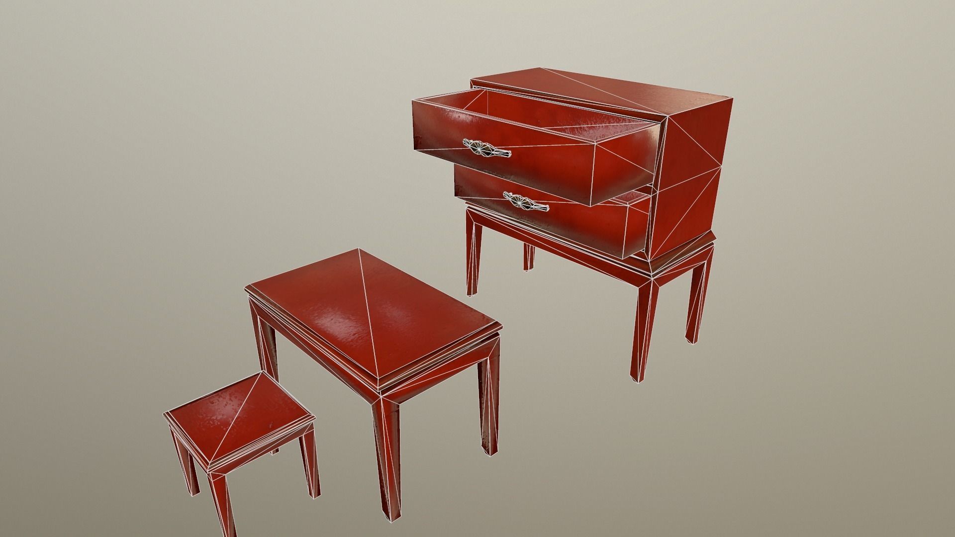 Red wooden furniture Low-poly 3D model_3