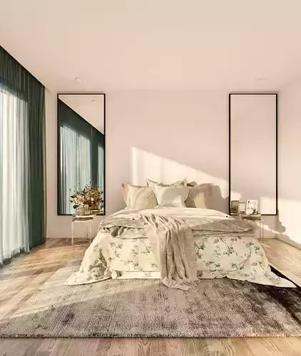bedroom modern with wooden floors and mirror