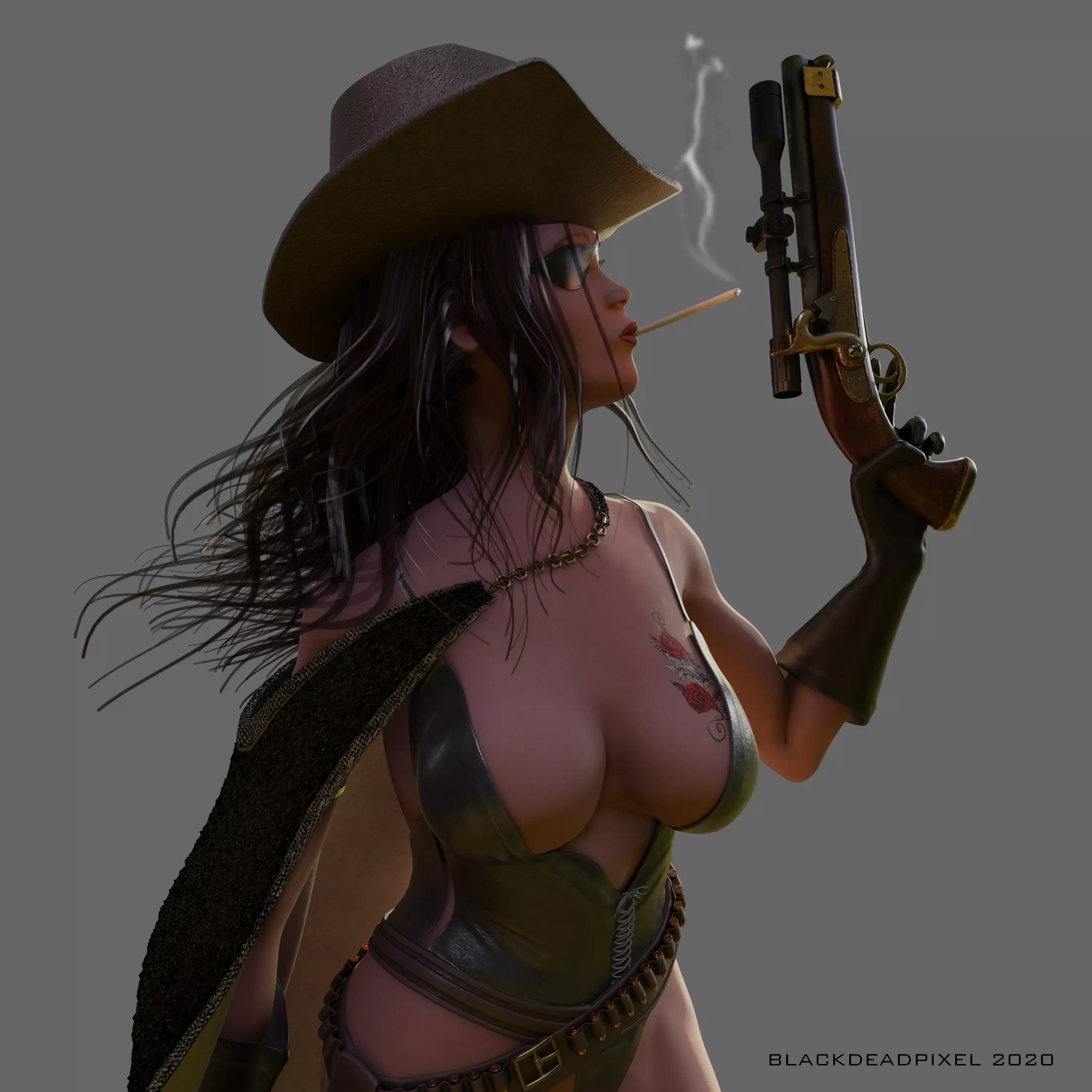 Lilith woman in cowboy outfit holding gun 3D model_0