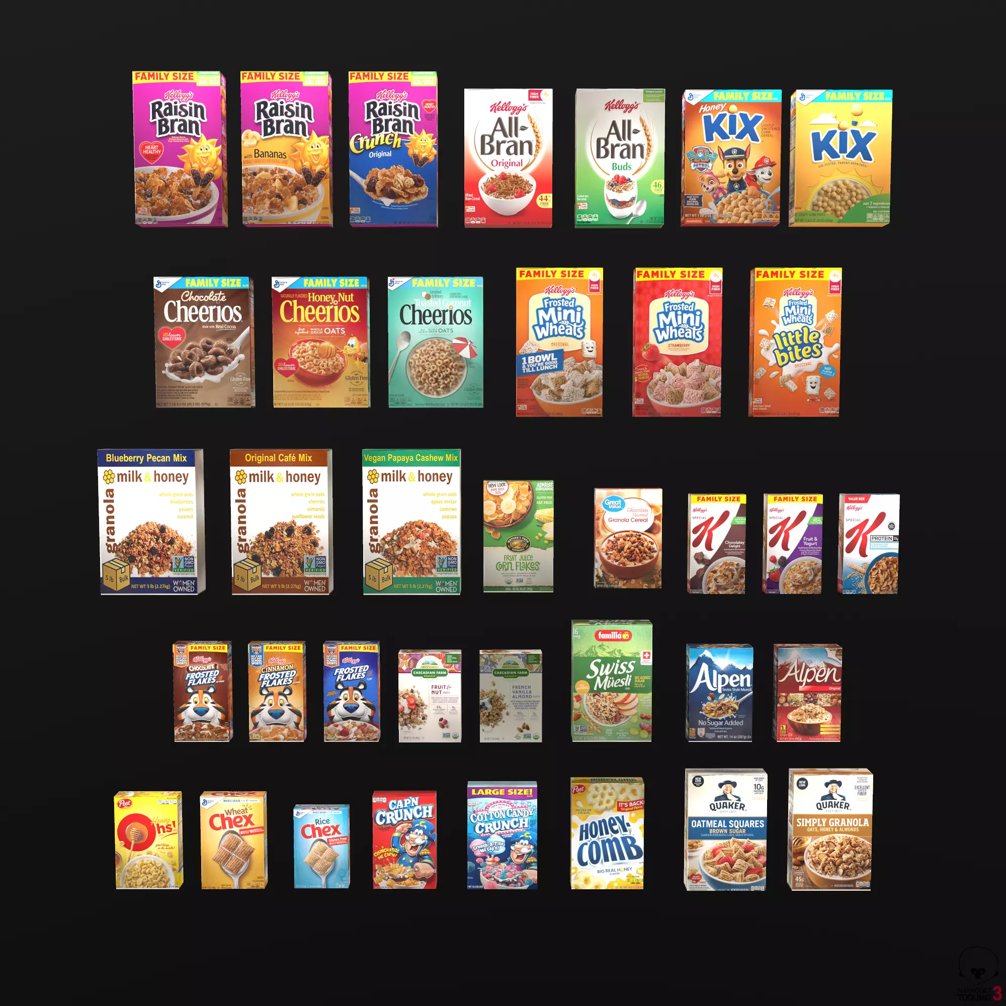 Breakfast pack of 37 products Corn Flakes Cereal Crunch Oatmeal Low-poly 3D model