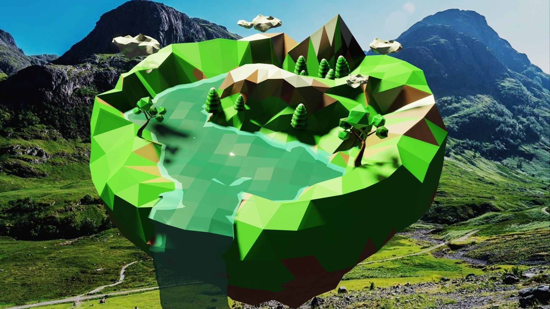 low poly land island in middle of lake Low-poly 3D model_2