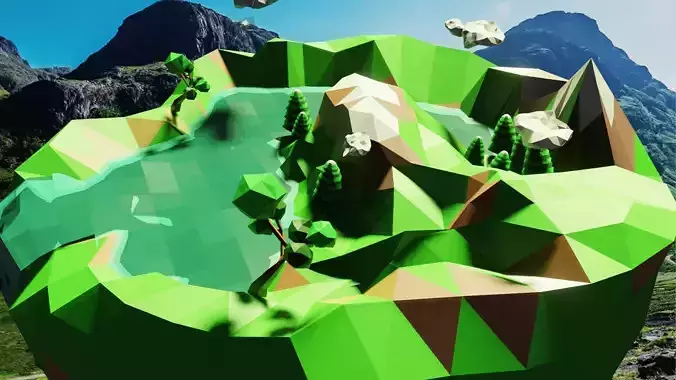 low poly land island in middle of lake