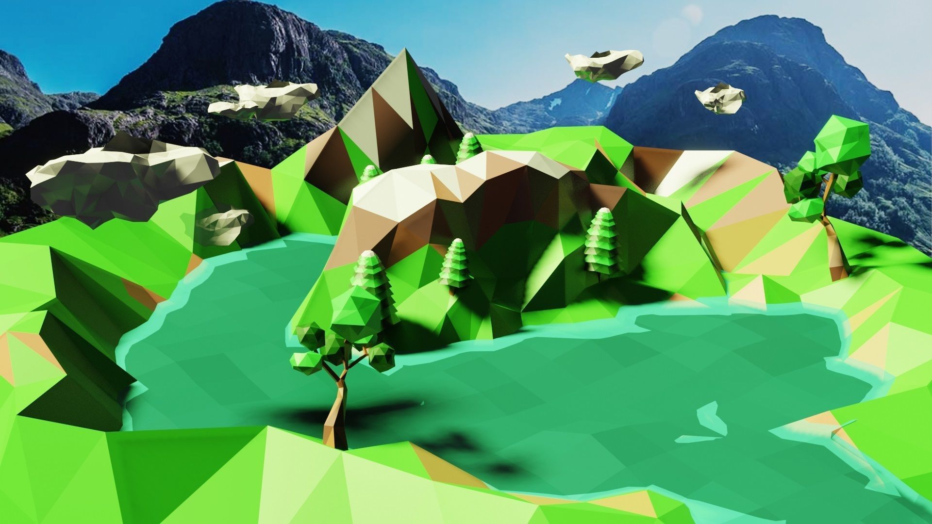 low poly land island in middle of lake Low-poly 3D model_1
