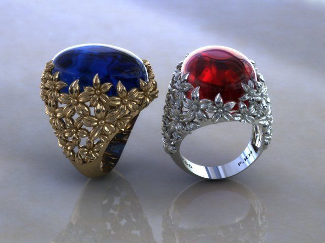 plumeria ring with cobochon gem 3D print model_1