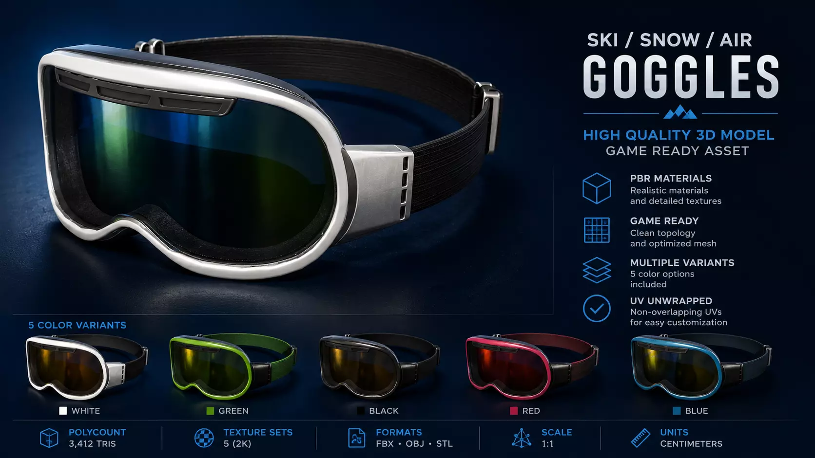 Ski Goggles 3D Model Low Poly PBR Game Ready Snowboard Goggles Low-poly 3D model