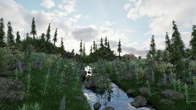Scene grassy area with stream and trees 3D model