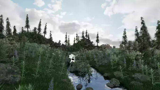 Scene grassy area with stream and trees