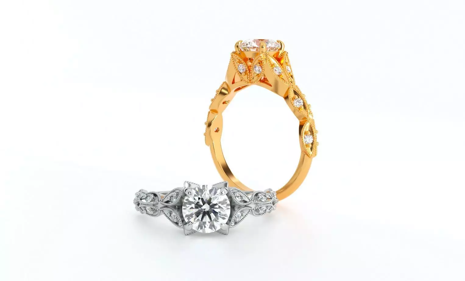 Classic gold engagement flower ring with 1ct diamond 3D print model