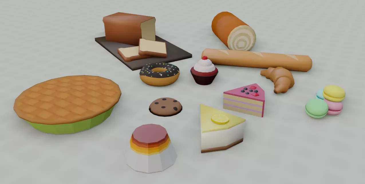 Bakery Set types of food Low-poly 3D model_0