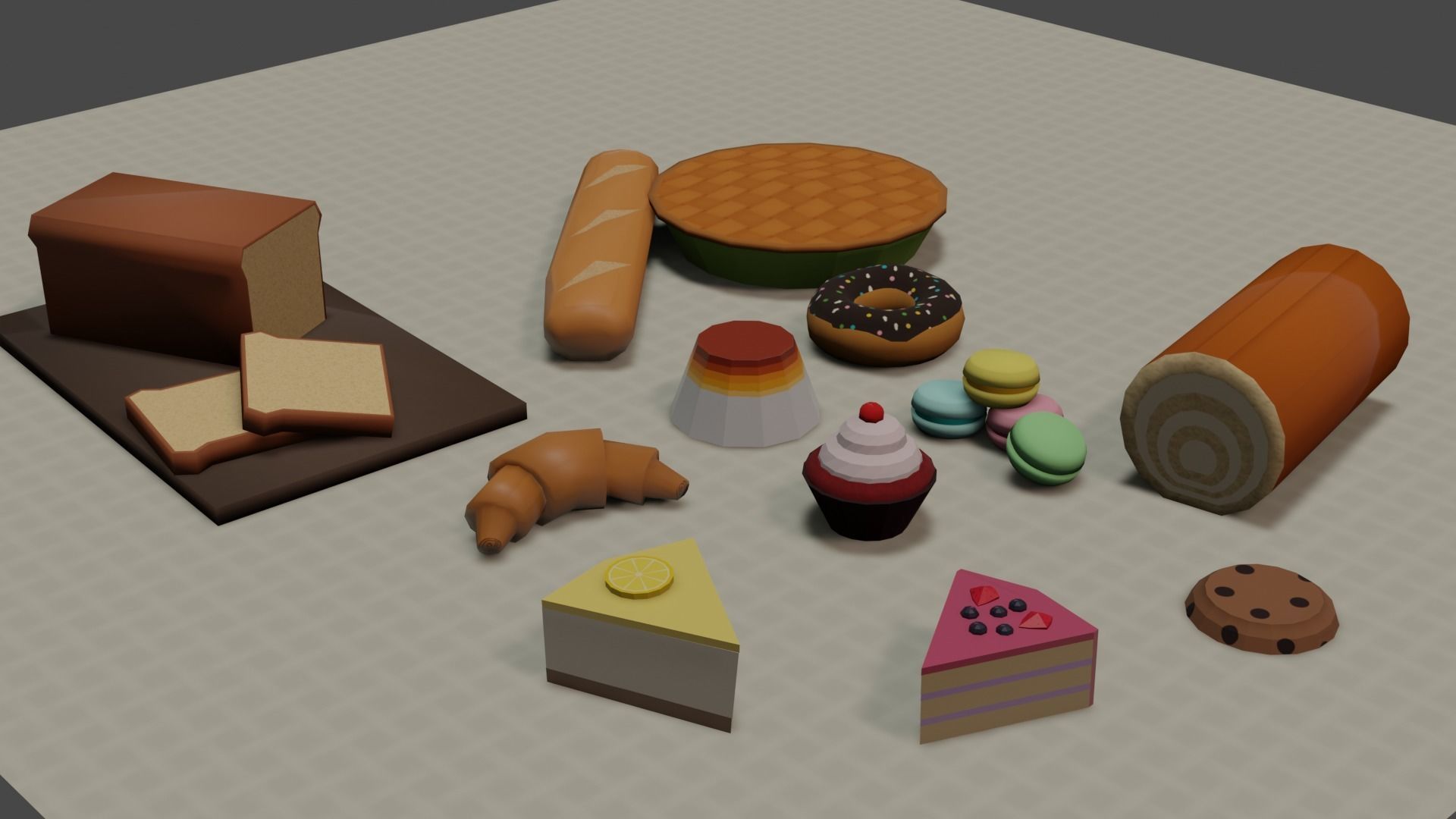 Bakery Set types of food Low-poly 3D model_1