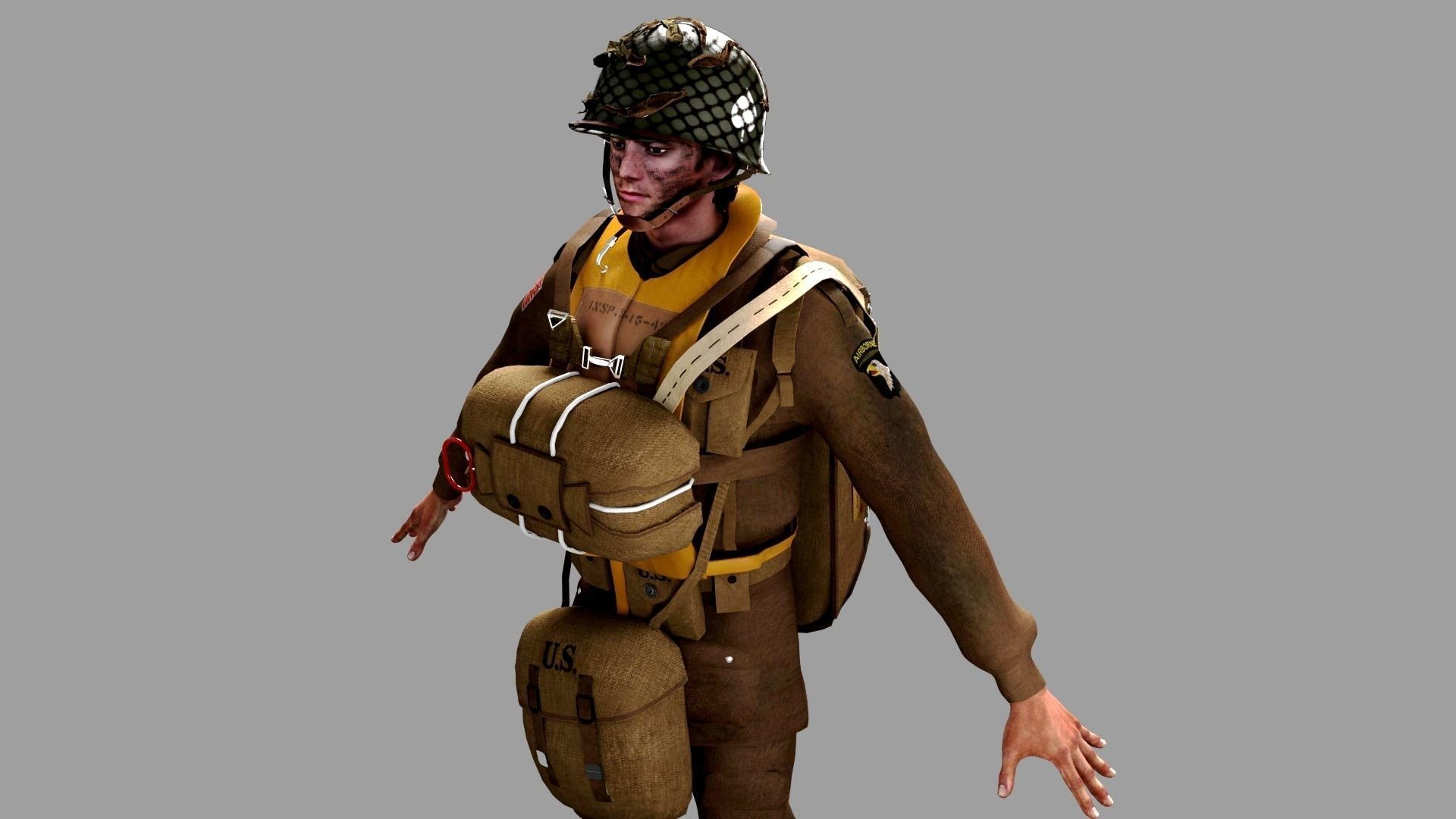 World War 2 US Paratrooper 3D model_5