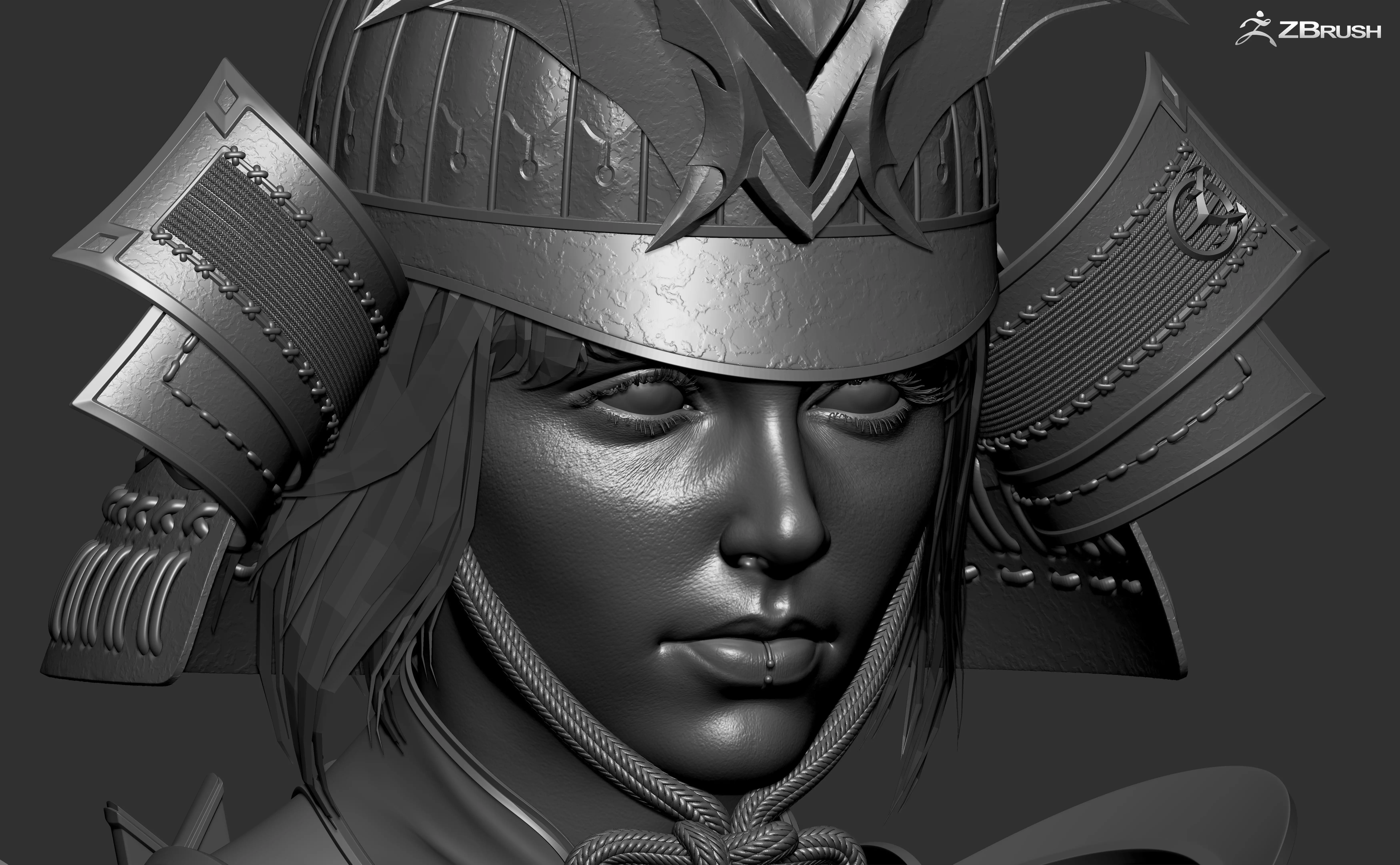 Samurai High Poly female wearing helmet 3D model_0