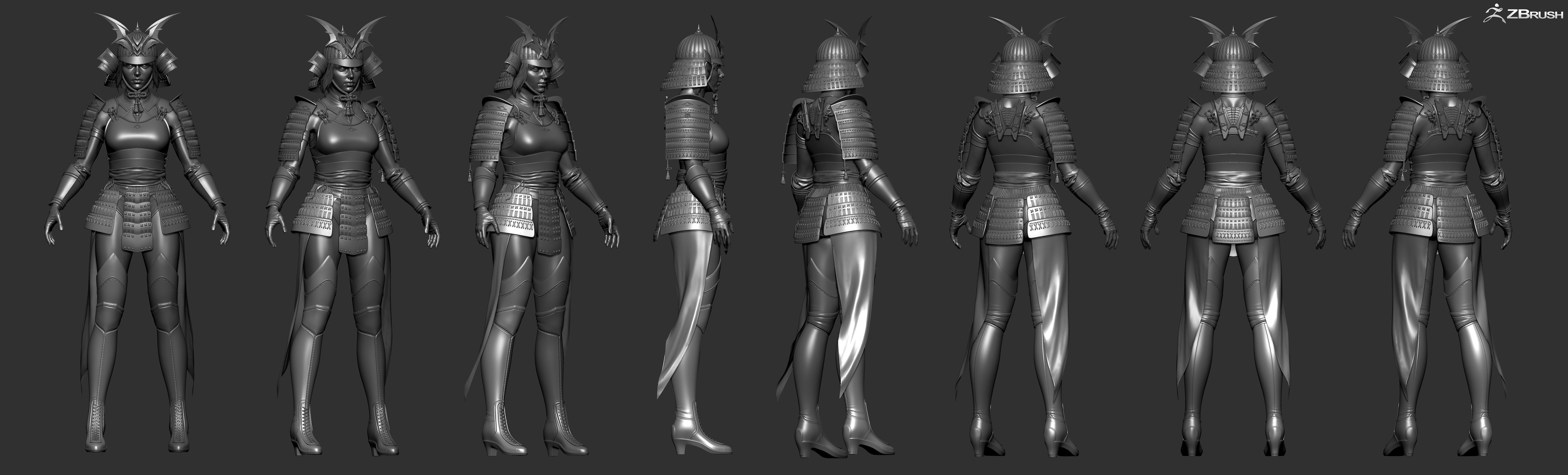 Samurai High Poly female wearing helmet 3D model_1