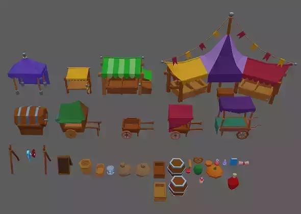 Stylized Cartoon Medieval market set Free low-poly 3D model