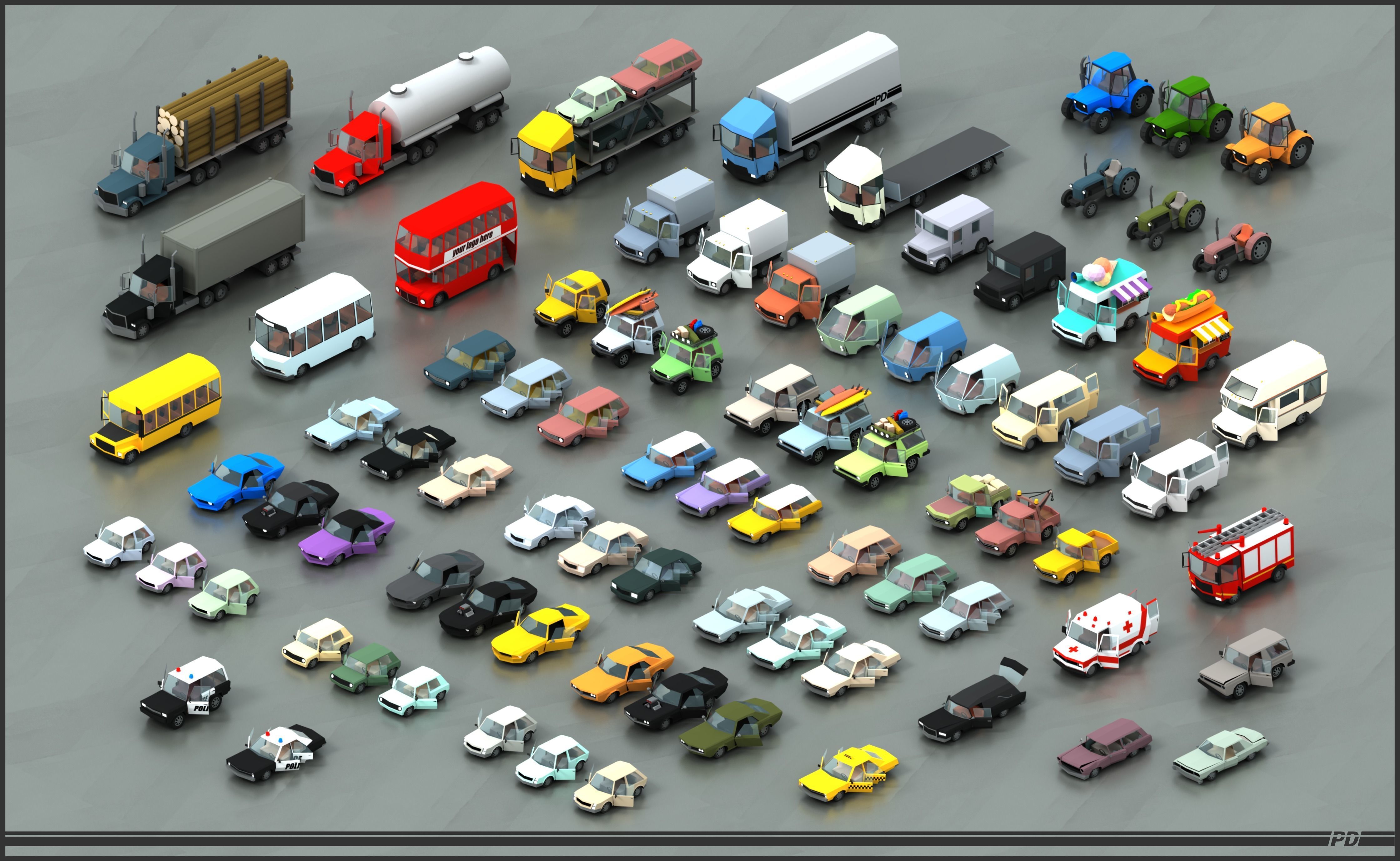 Stylized lowpoly vehicle pack with interior  Low-poly 3D model_1