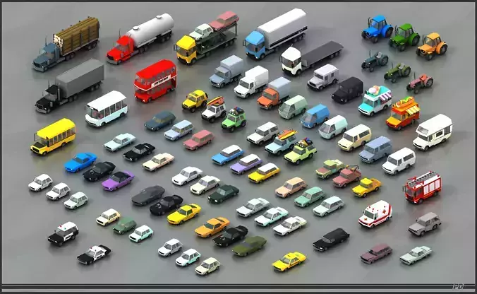 Stylized lowpoly vehicle pack with interior  Low-poly 3D model