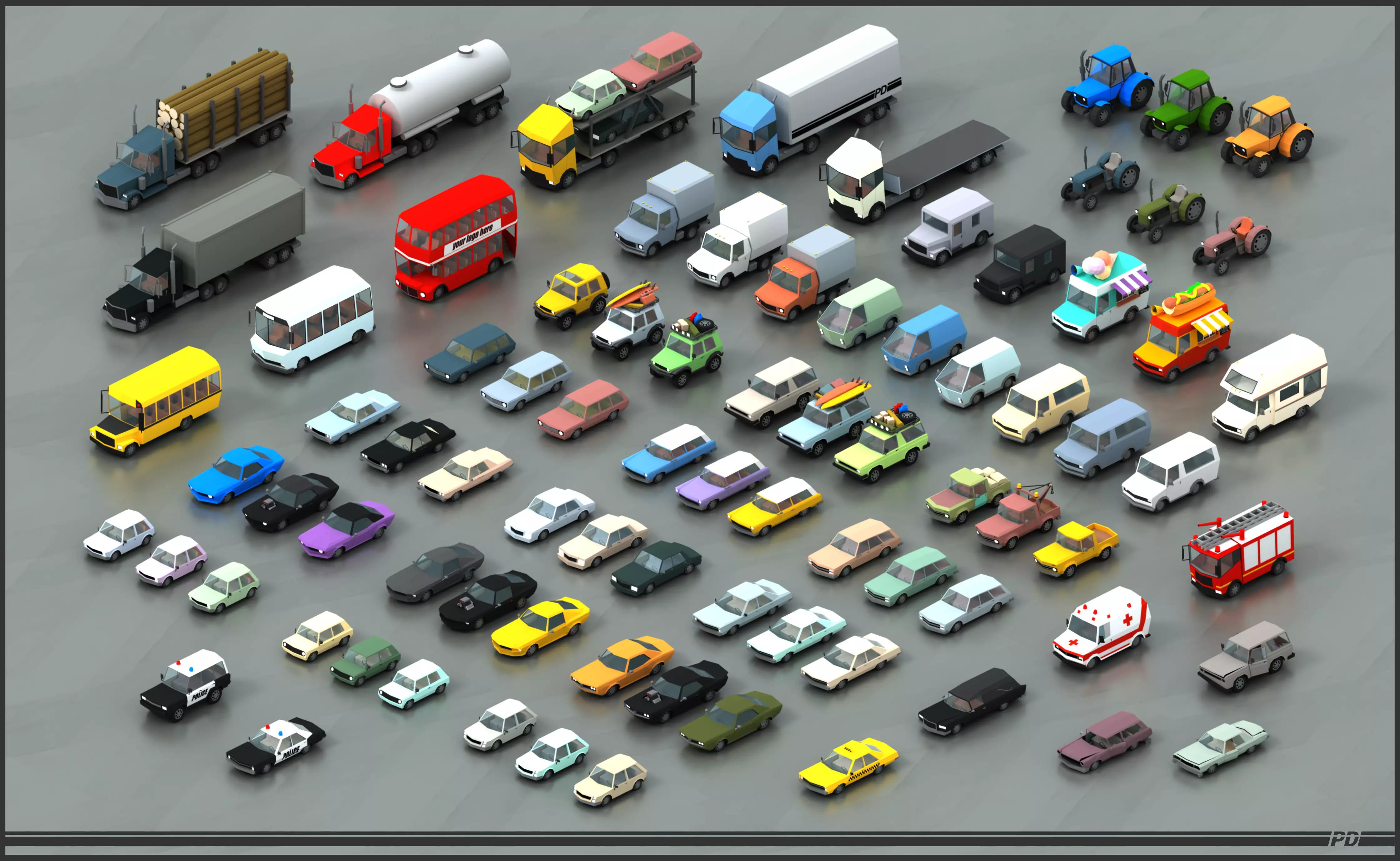 Stylized lowpoly vehicle pack with interior  Low-poly 3D model_0