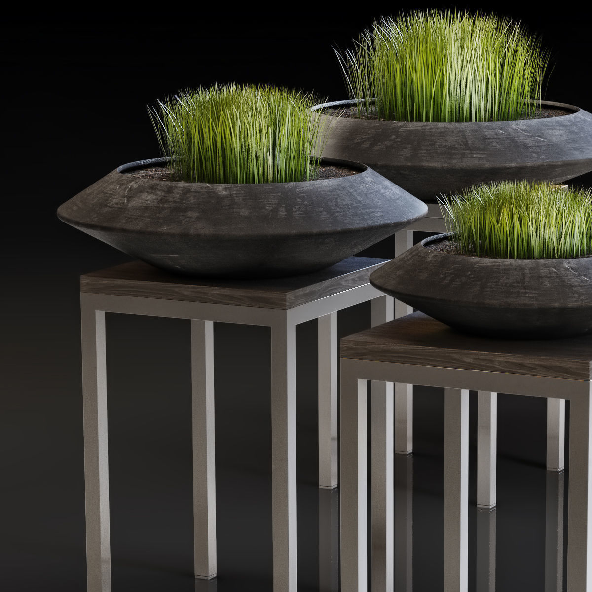 Stylish black vase with grass on a stand 3D model_2