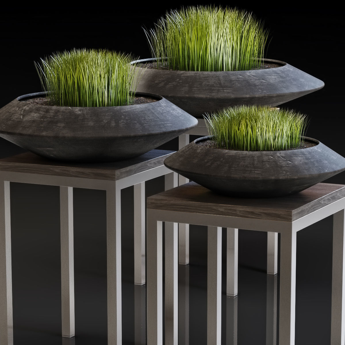 Stylish black vase with grass on a stand 3D model_1