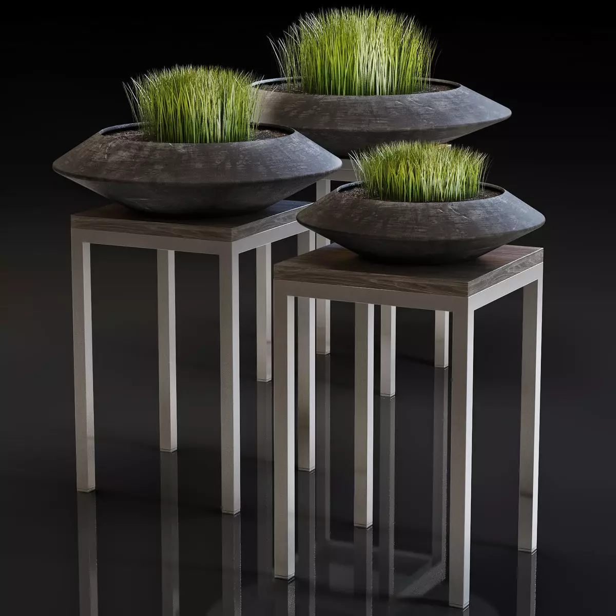 Stylish black vase with grass on a stand 3D model_0