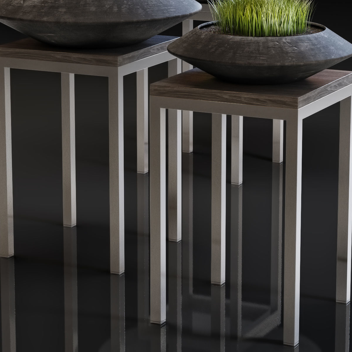 Stylish black vase with grass on a stand 3D model_3