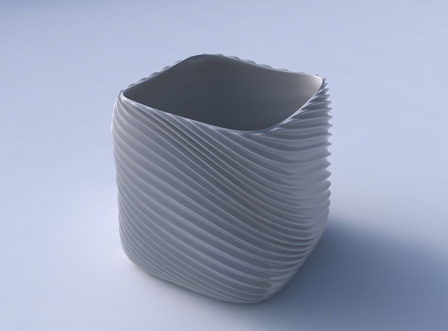 Vase quadratic stumpy with bent extruded lines 3 3D print model_3