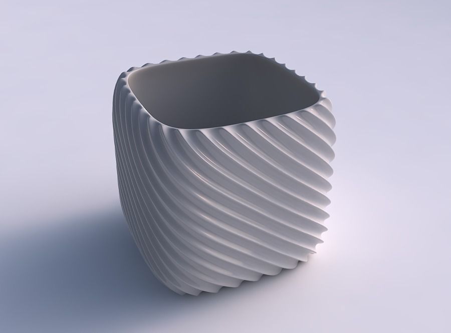Vase quadratic stumpy with bent extruded lines 3D print model_0