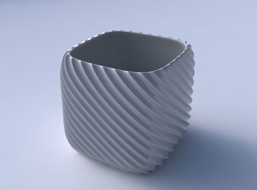 Vase quadratic stumpy with bent extruded lines 3D print model_3
