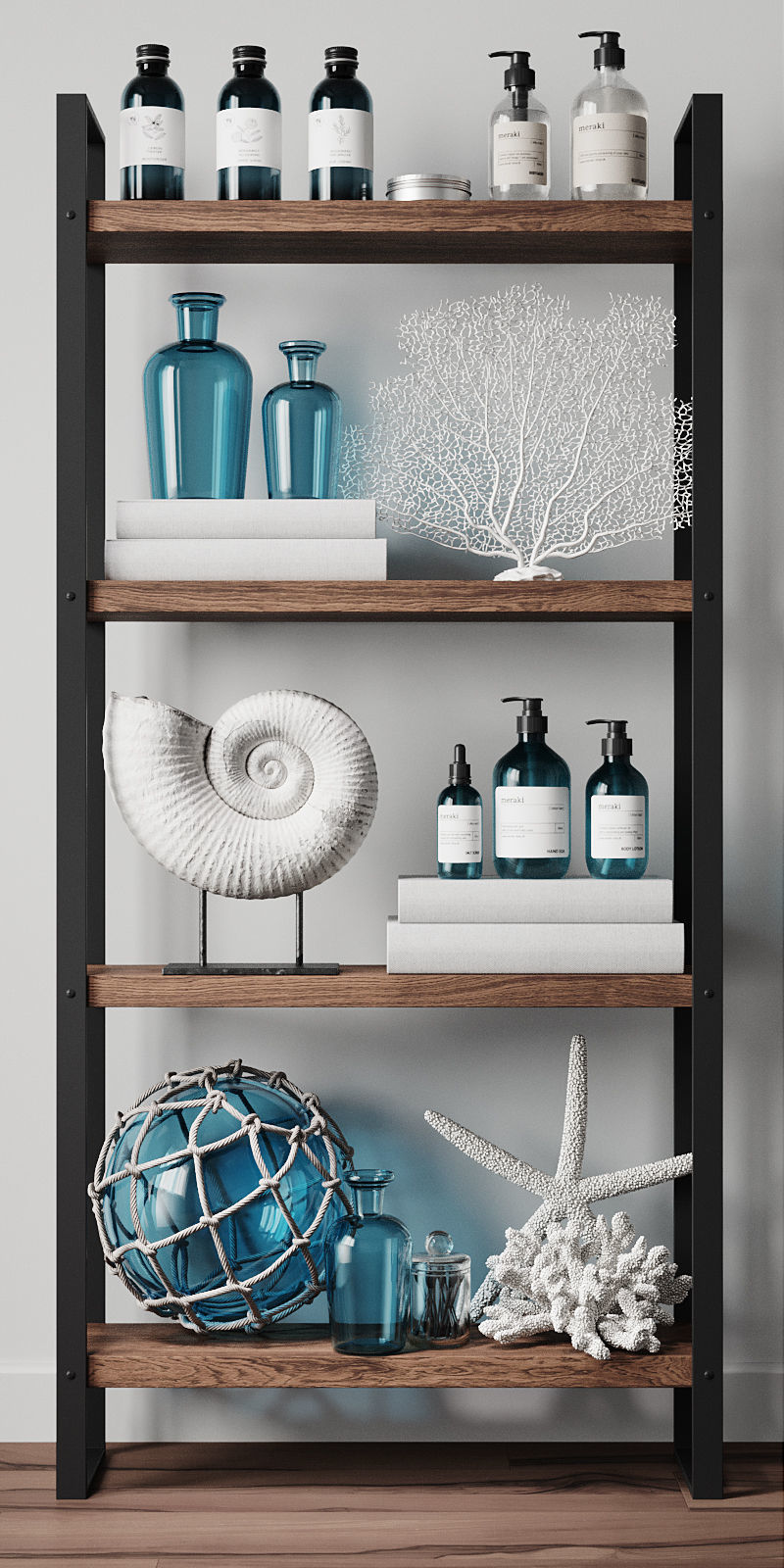 Cosmetic set 2 bathroom with glass bottles and seashells 3D model_1