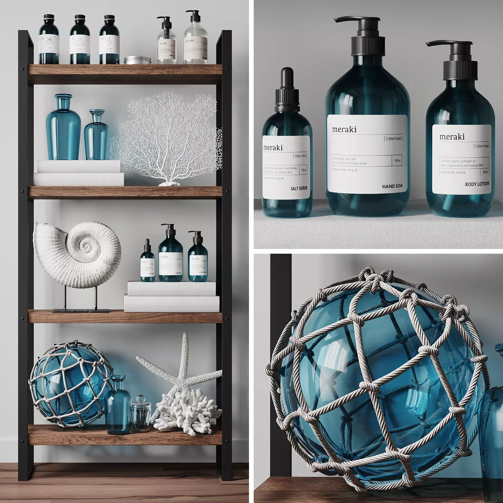 Cosmetic set 2 bathroom with glass bottles and seashells 3D model_0