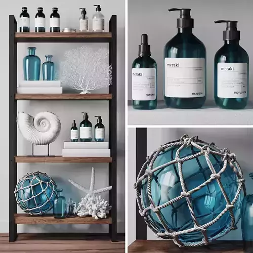 Cosmetic set 2 bathroom with glass bottles and seashells