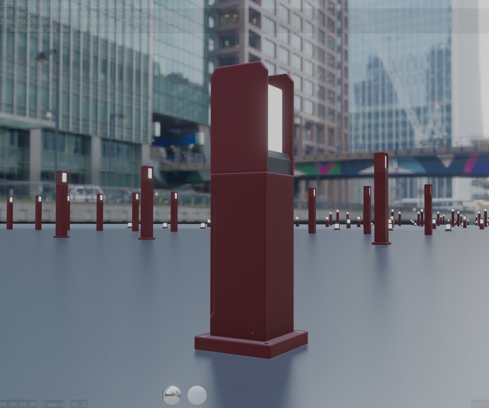 Street Light 8 Bollard 500mm Dark Red Version 1 Low-poly 3D model_13