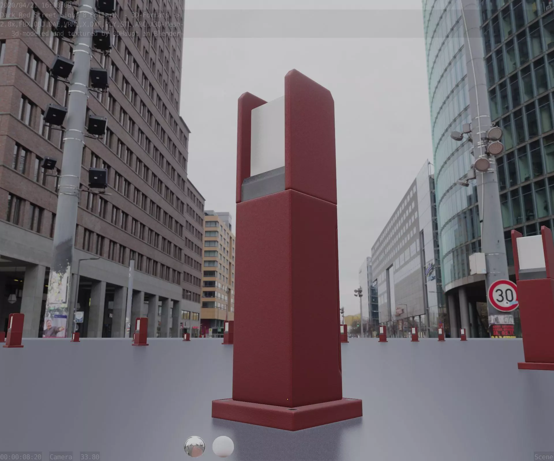 Street Light 8 Bollard 500mm Dark Red Version 1 Low-poly 3D model_0