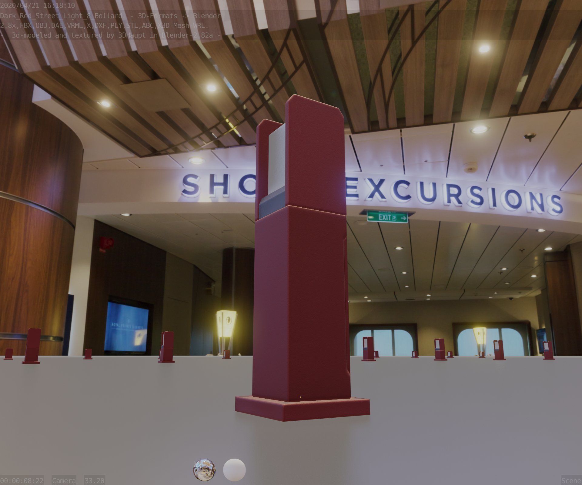 Street Light 8 Bollard 500mm Dark Red Version 1 Low-poly 3D model_4