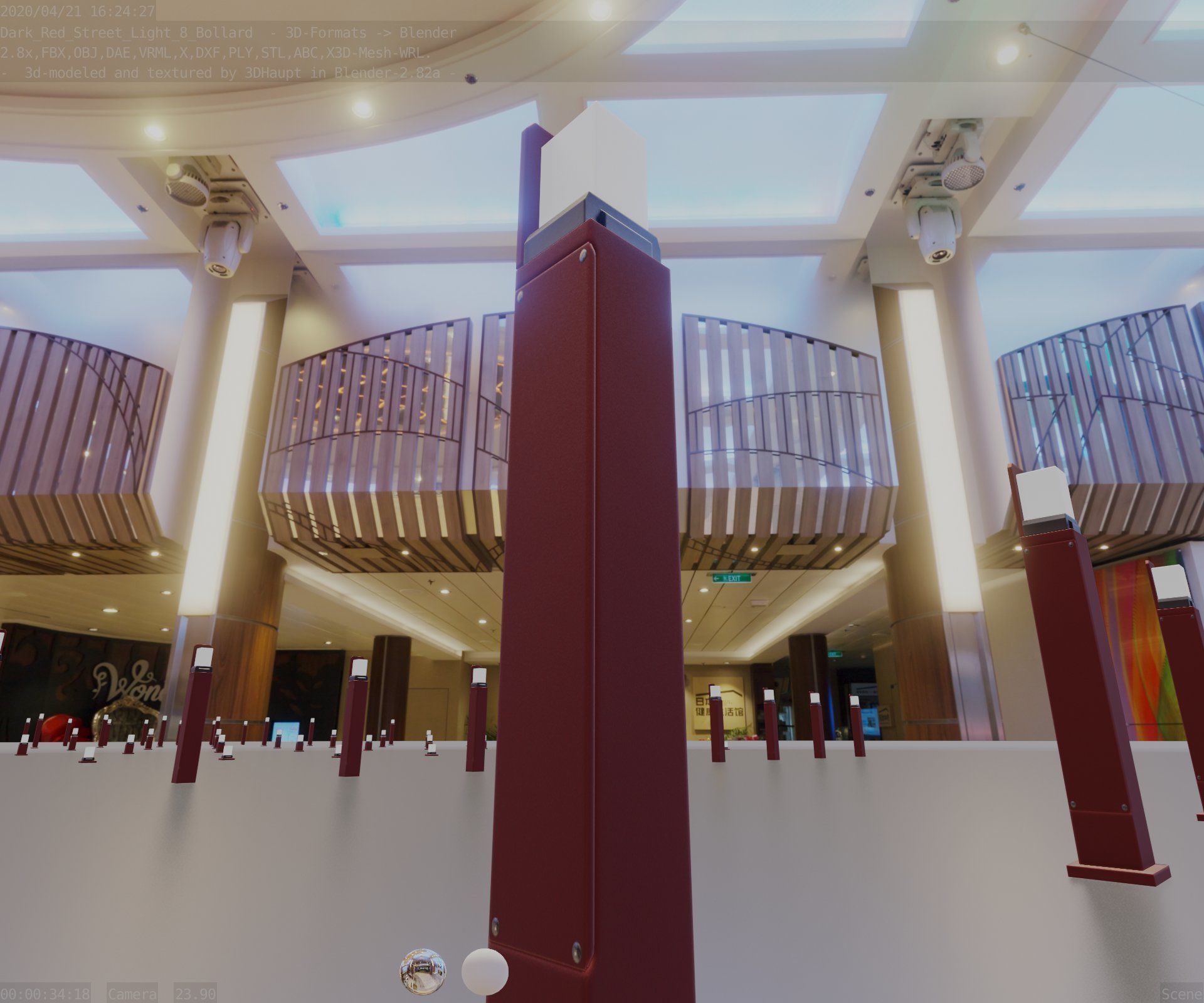 Street Light 8 Bollard 900 mm Dark Red Version 2 Low-poly 3D model_12